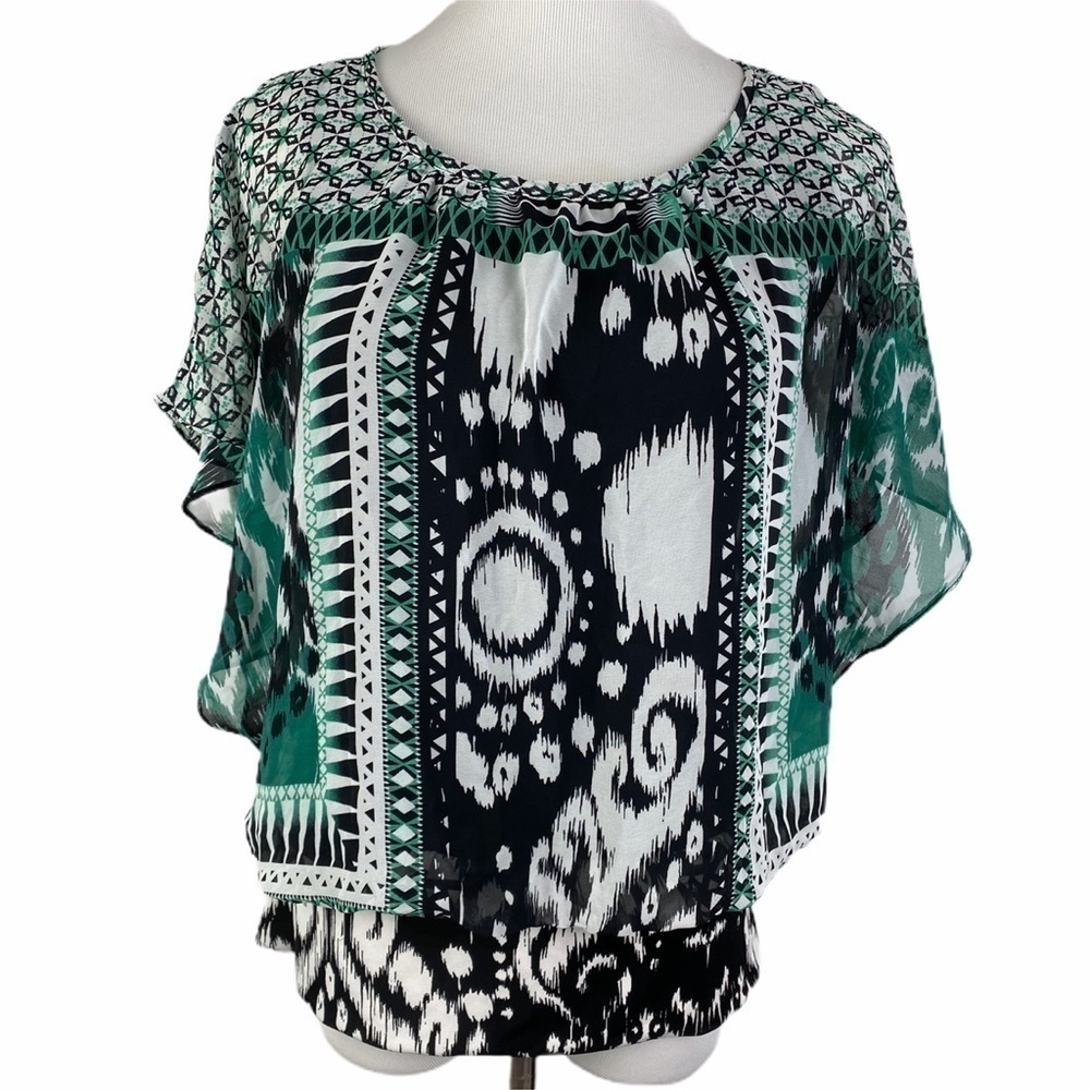 Valerie Stevens Butterfly Sleeve‎ Chiffon Blouse Women's Small Green Black Lined